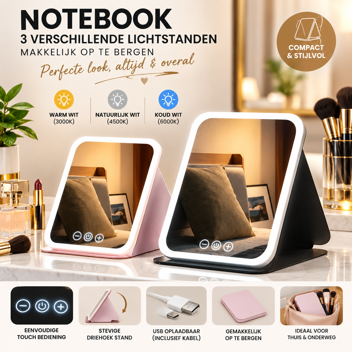 Notebook | Opvouwbare LED Make-up Spiegel